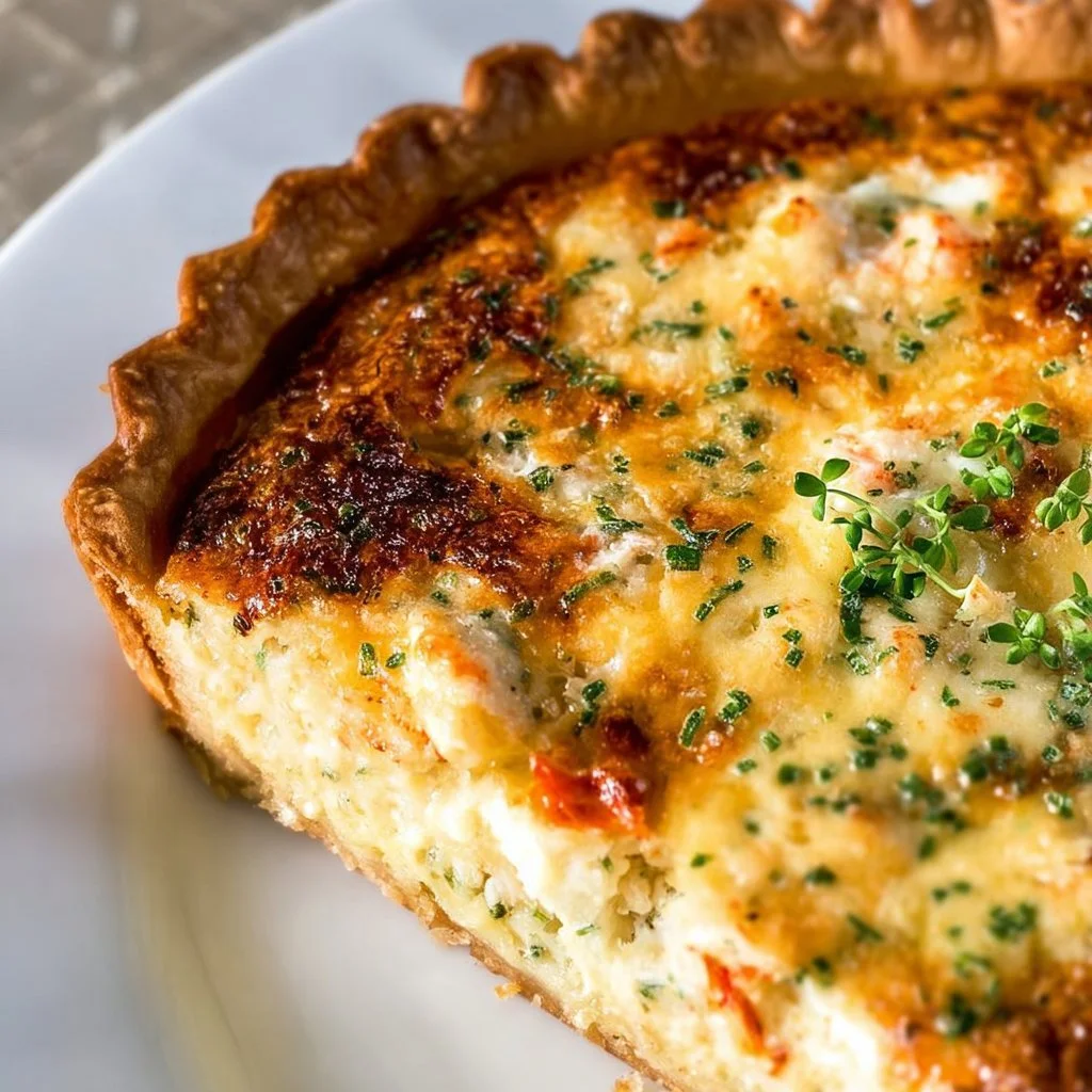 Delicious seafood quiche with shrimp, crab, and herbs on a flaky crust