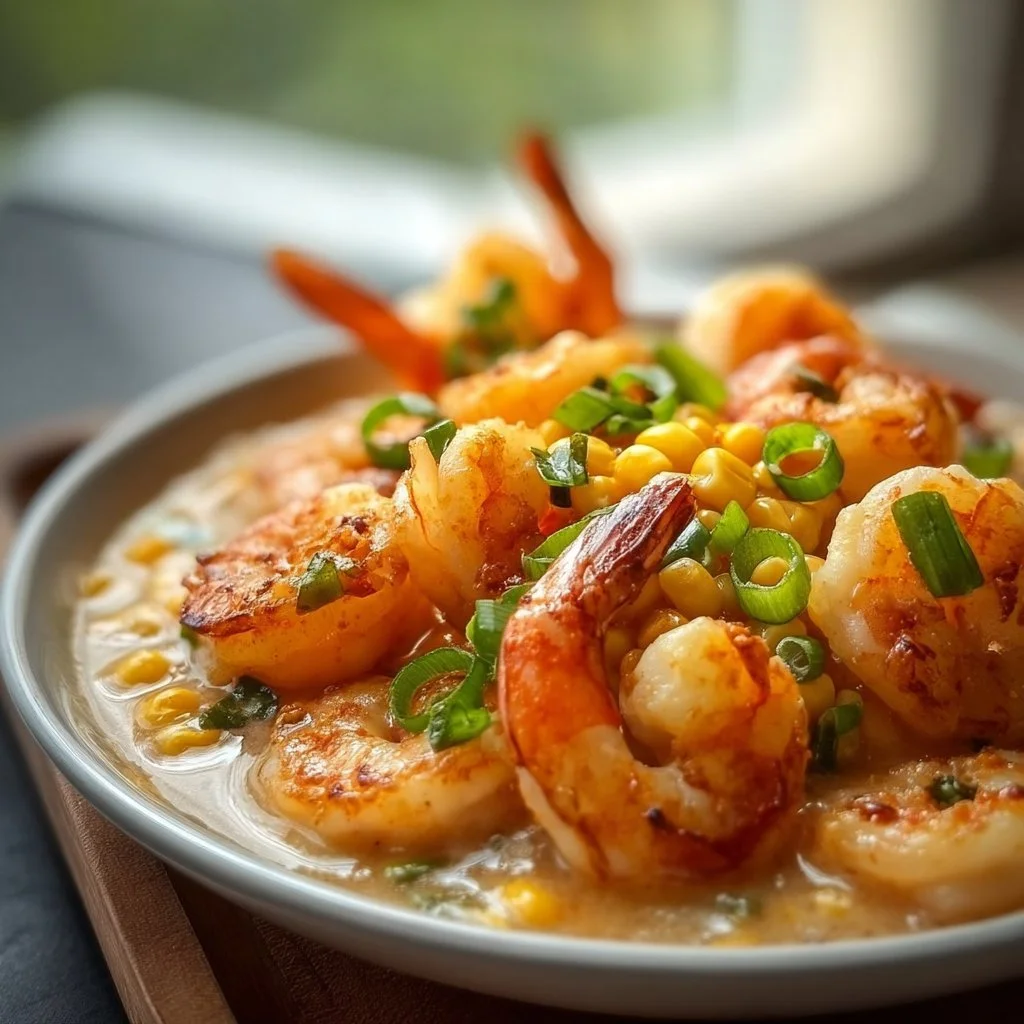 Bowl of shrimp corn soup garnished with herbs and spices