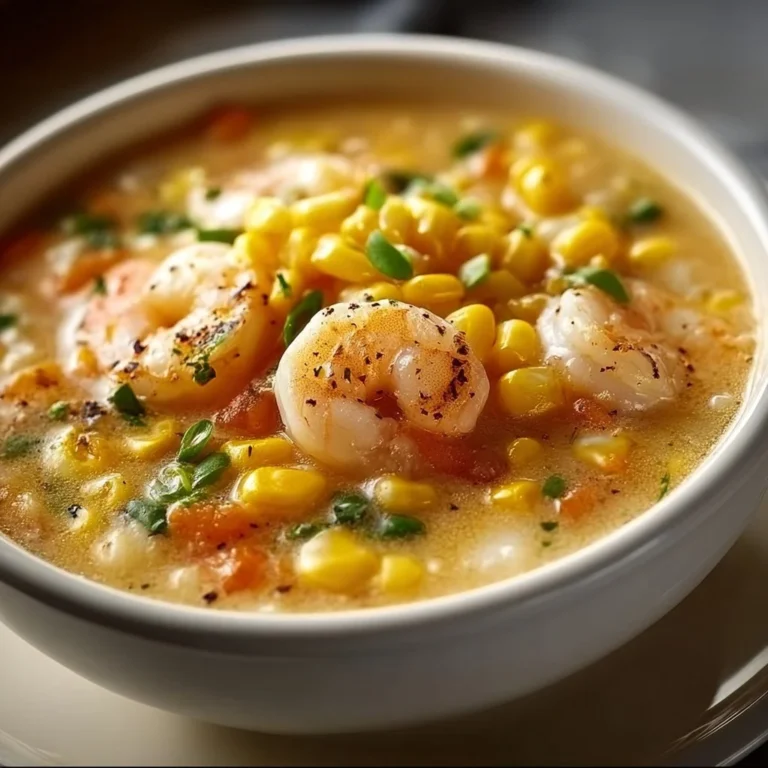 Creamy shrimp and corn soup garnished with herbs in a bowl