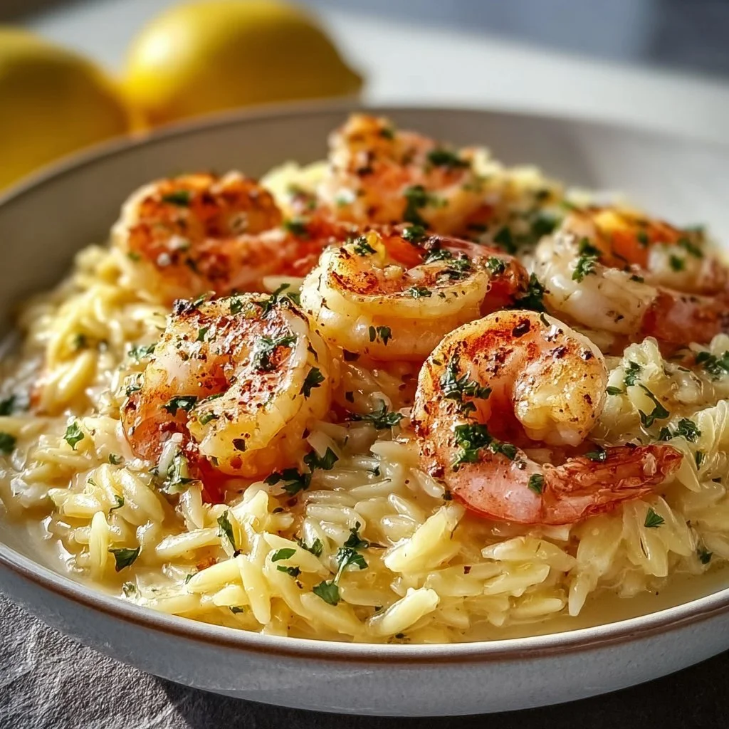 Shrimp and creamy orzo in lemon garlic sauce served in a bowl
