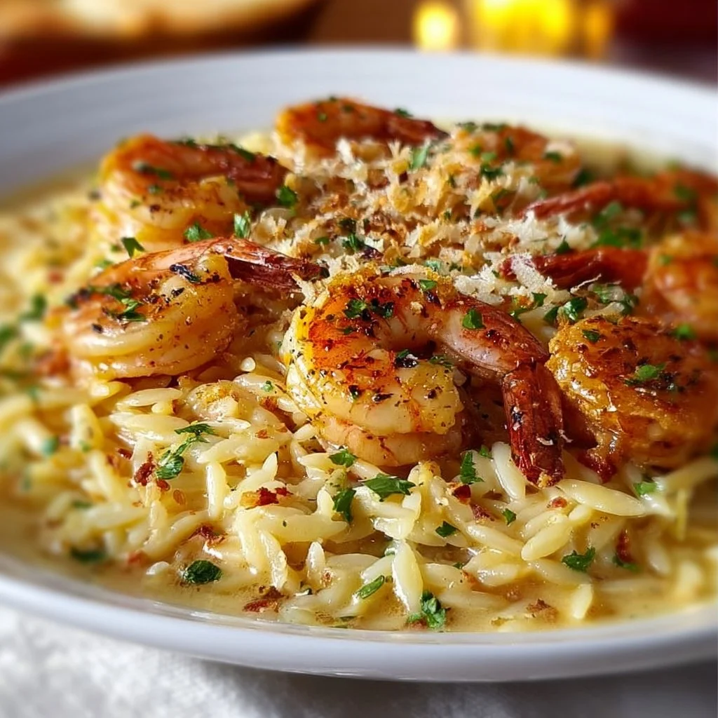 Shrimp and Creamy Orzo in Lemon Garlic Sauce