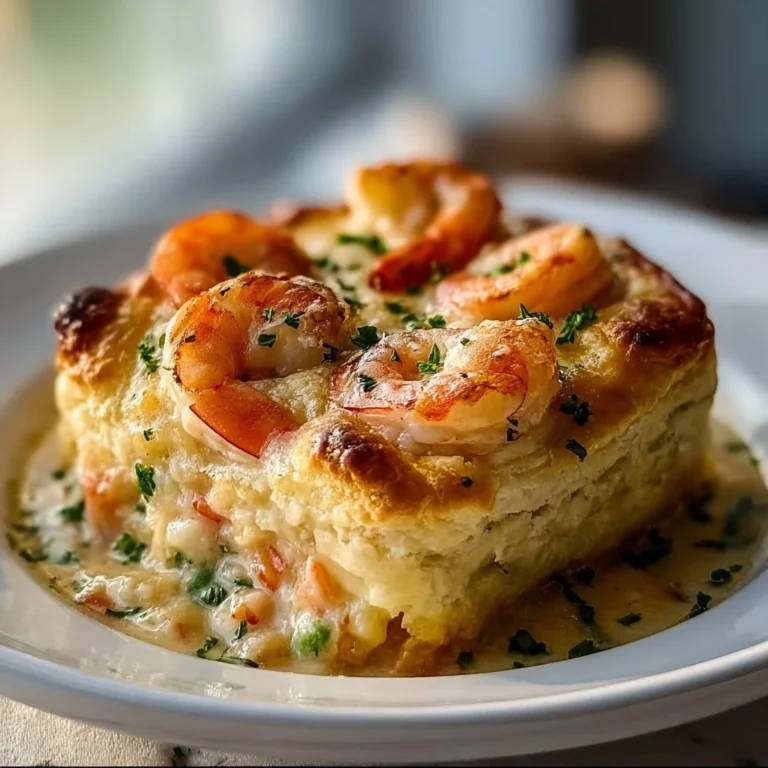 Delicious Shrimp Lobster Pot Pie with flaky biscuit topping, served in a rustic dish.