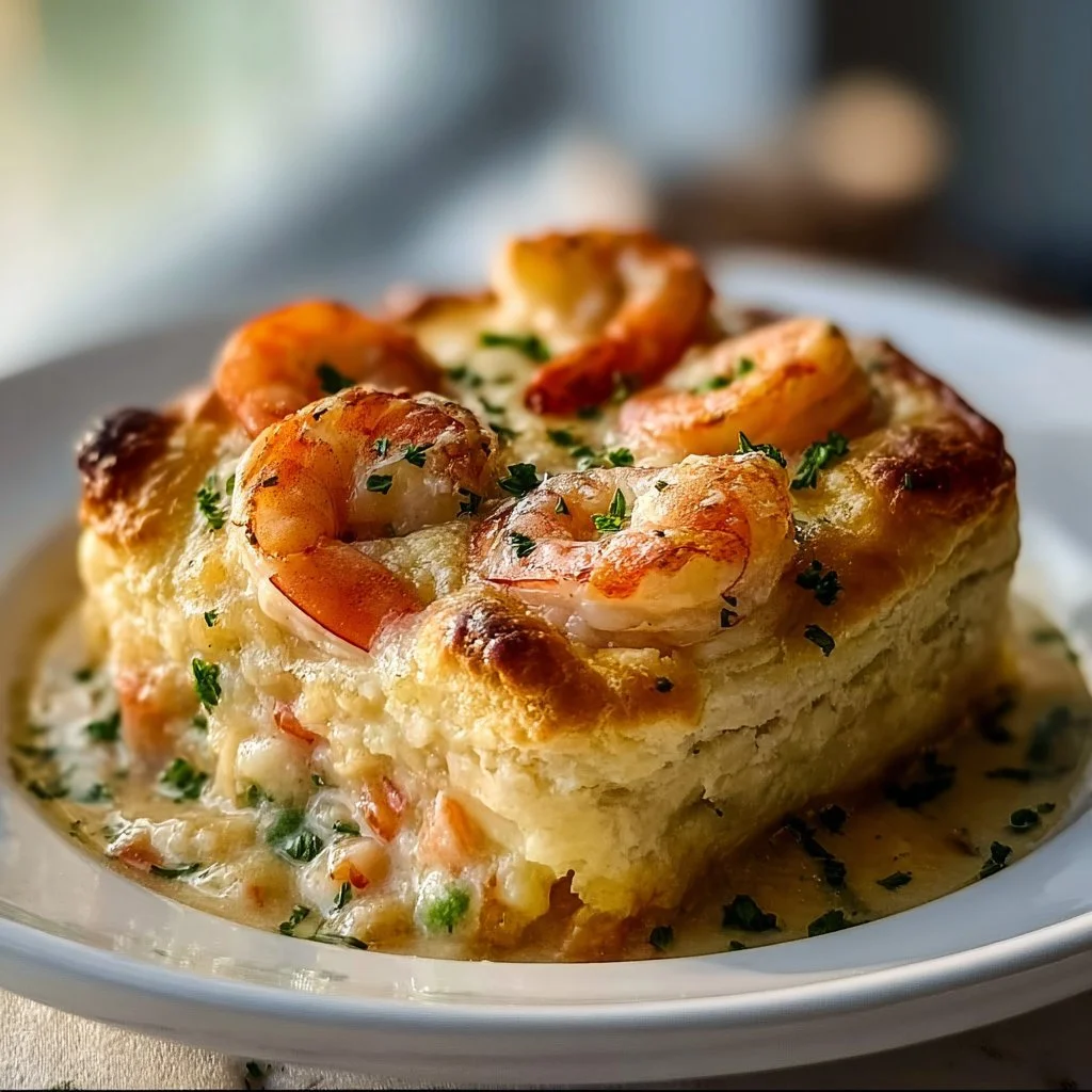 Delicious Shrimp Lobster Pot Pie with flaky biscuit topping, served in a rustic dish.