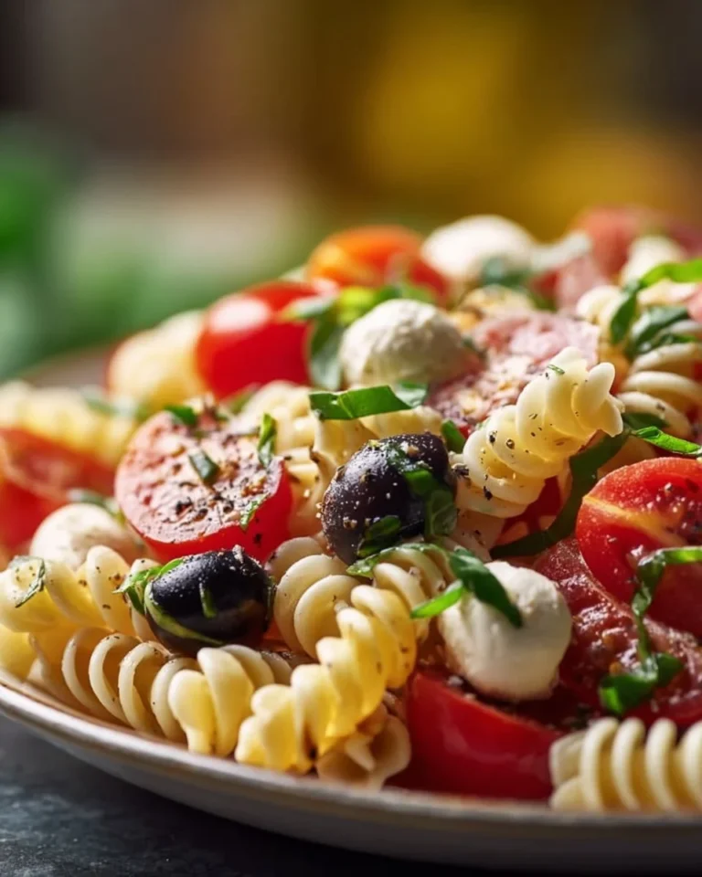 A colorful bowl of simple gluten free pasta salad with fresh vegetables.