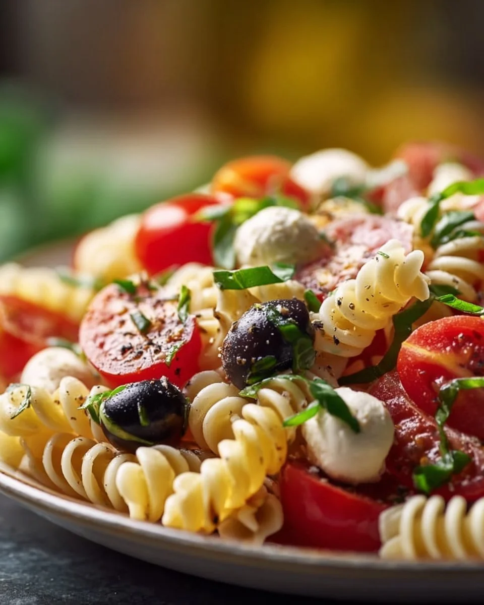 A colorful bowl of simple gluten free pasta salad with fresh vegetables.