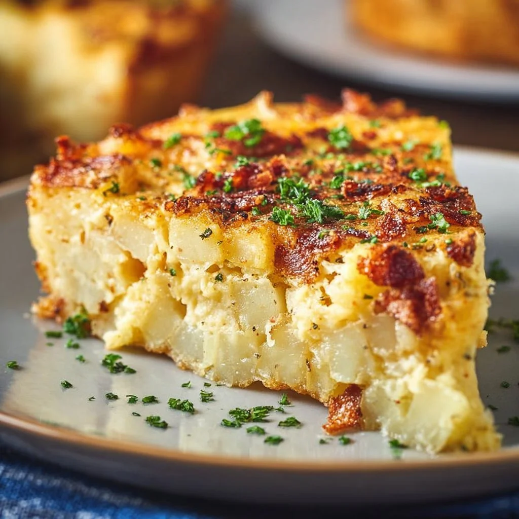 Smashed potato crusted quiche slice on a plate, garnished with herbs.