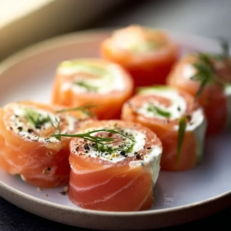 Smoked salmon roll ups filled with cream cheese and herbs on a plate