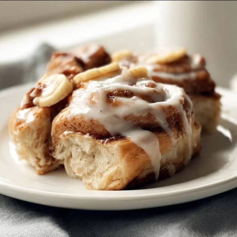 Freshly baked sourdough banana cinnamon rolls on a wooden table