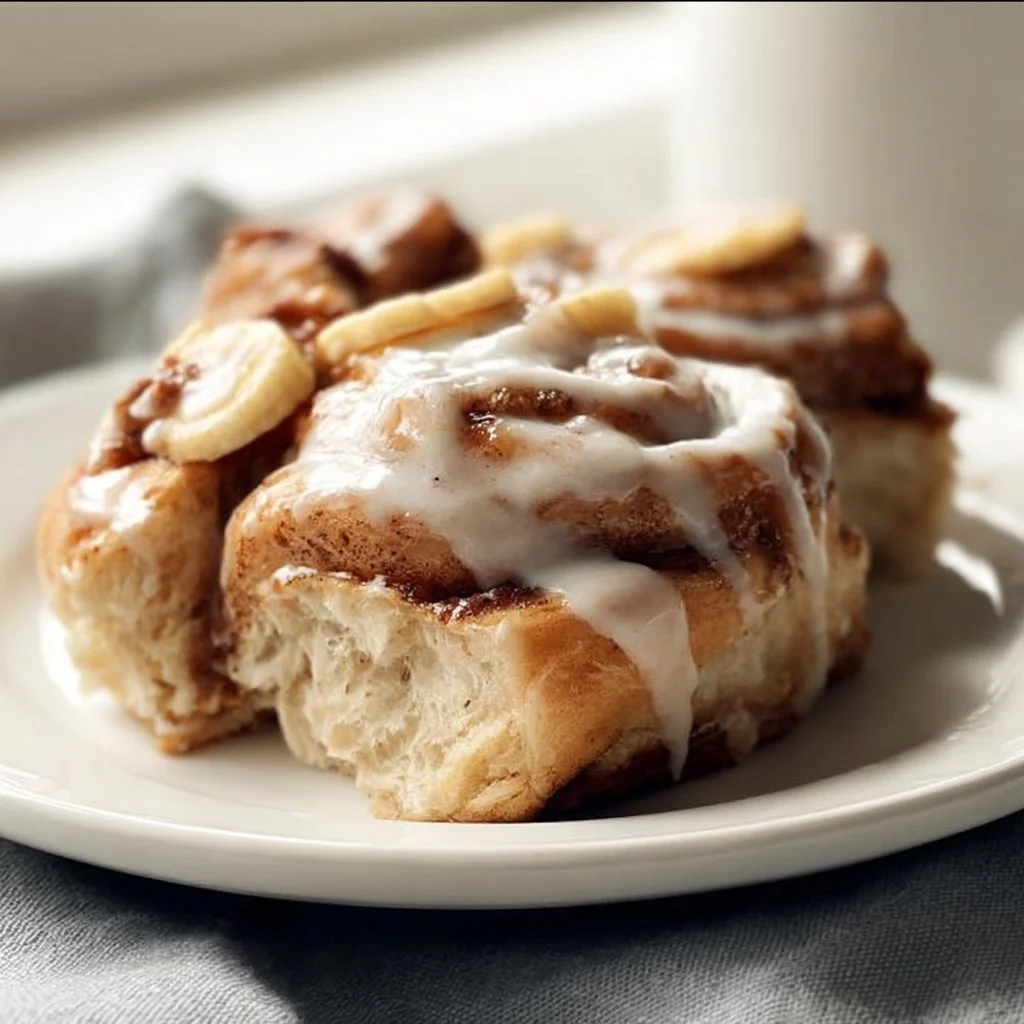 Freshly baked sourdough banana cinnamon rolls on a wooden table