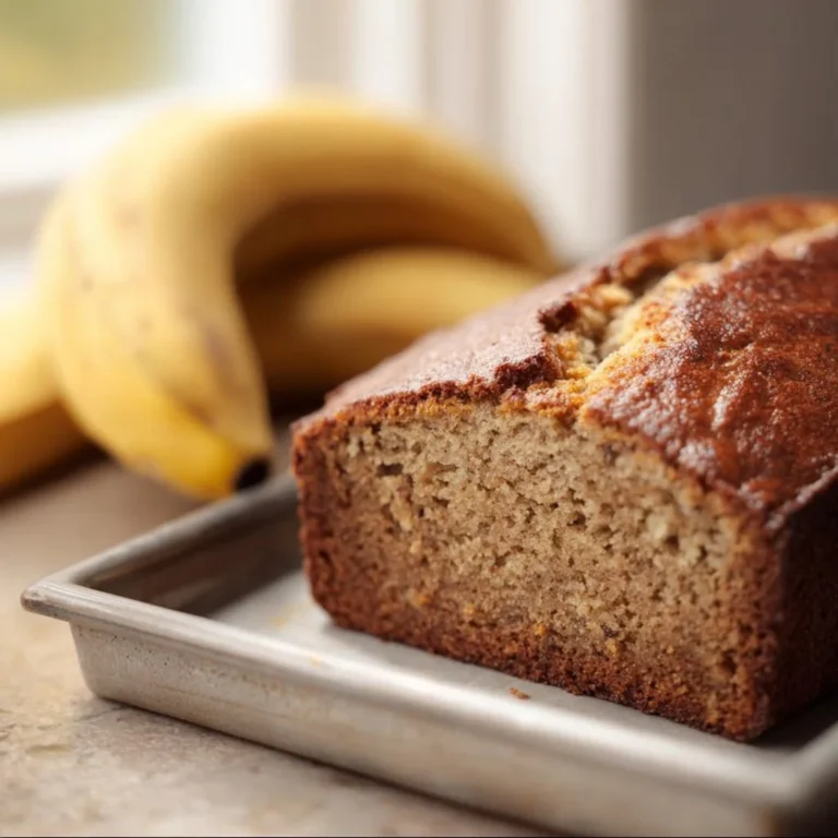 A loaf of Sourdough Discard Banana Bread fresh out of the oven with sliced pieces.