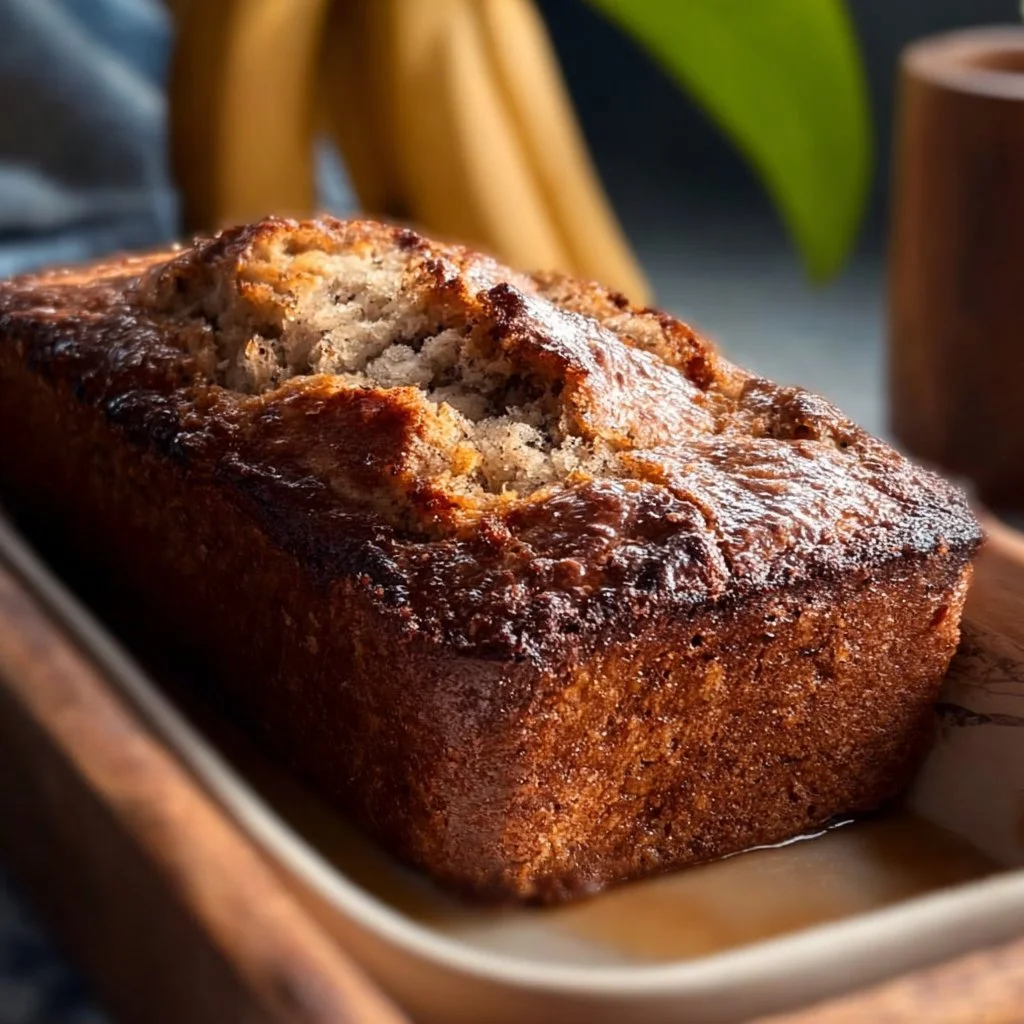 Sourdough Discard Banana Bread loaf with slices on a wooden table