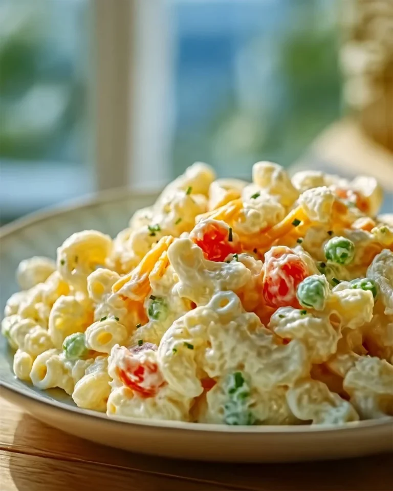 Delicious Southern macaroni salad served in a bowl with fresh vegetables.