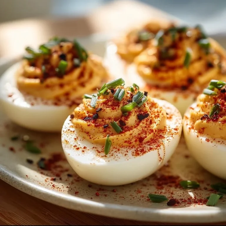 Delicious special deviled eggs garnished with herbs and spices.