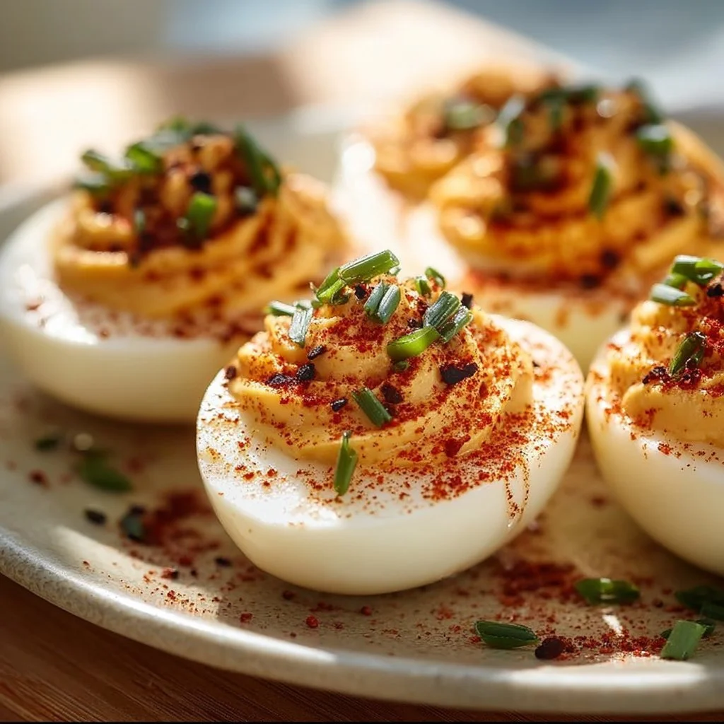 Delicious special deviled eggs garnished with herbs and spices.