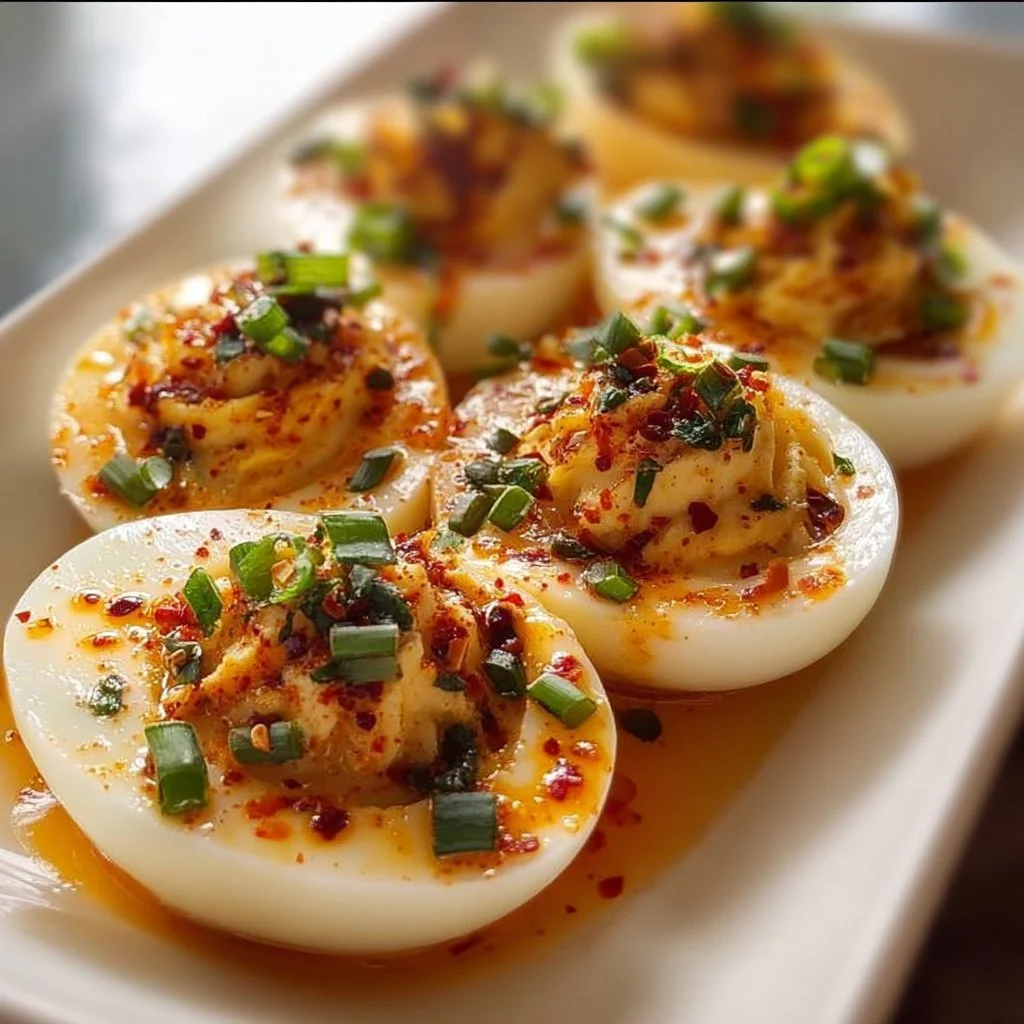 Spicy chili garlic deviled eggs garnished with fresh herbs