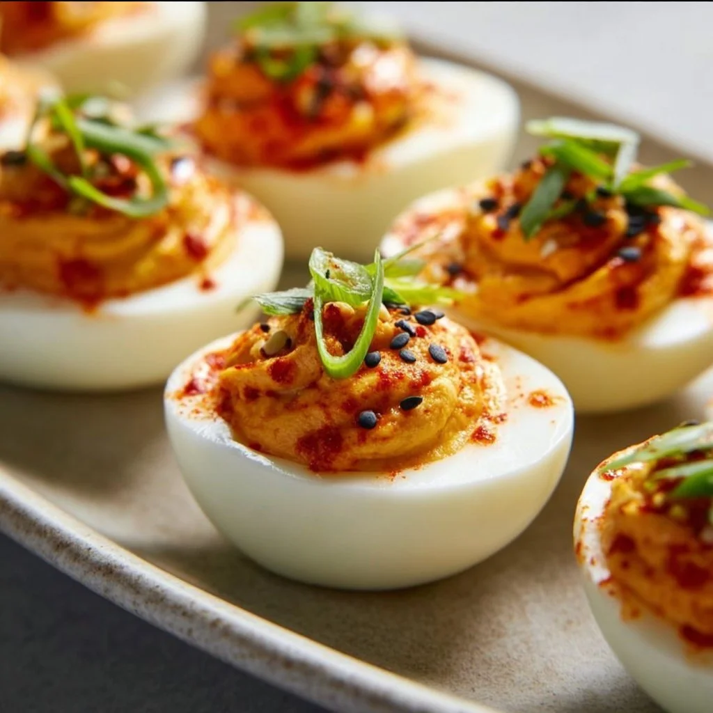 Plate of Spicy Gochujang Deviled Eggs garnished with chives