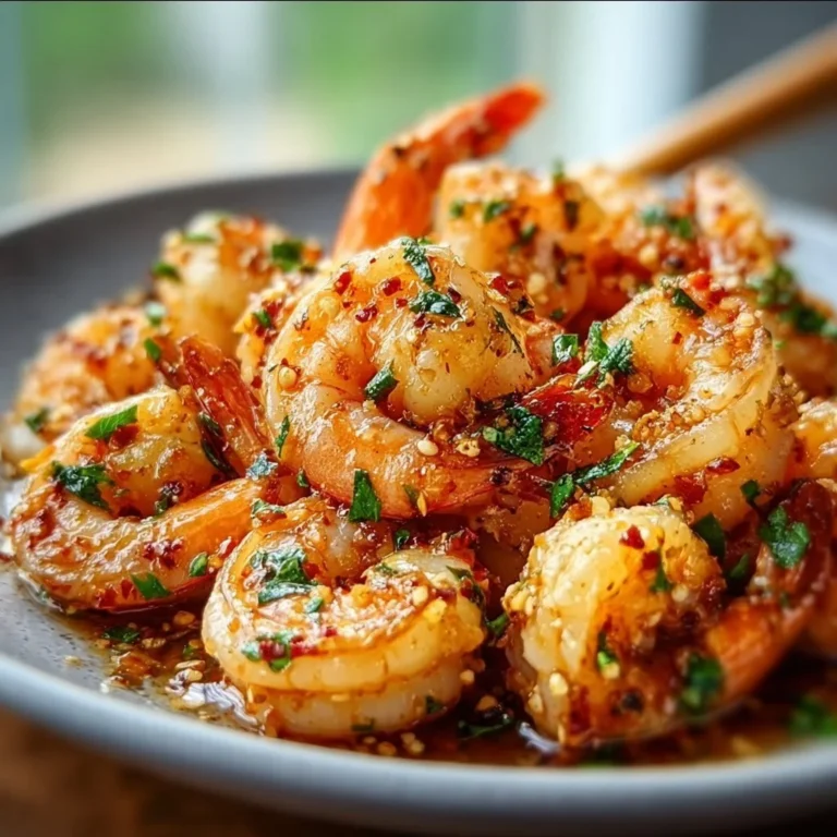 Plate of spicy lemon garlic shrimp garnished with herbs and lemon slices