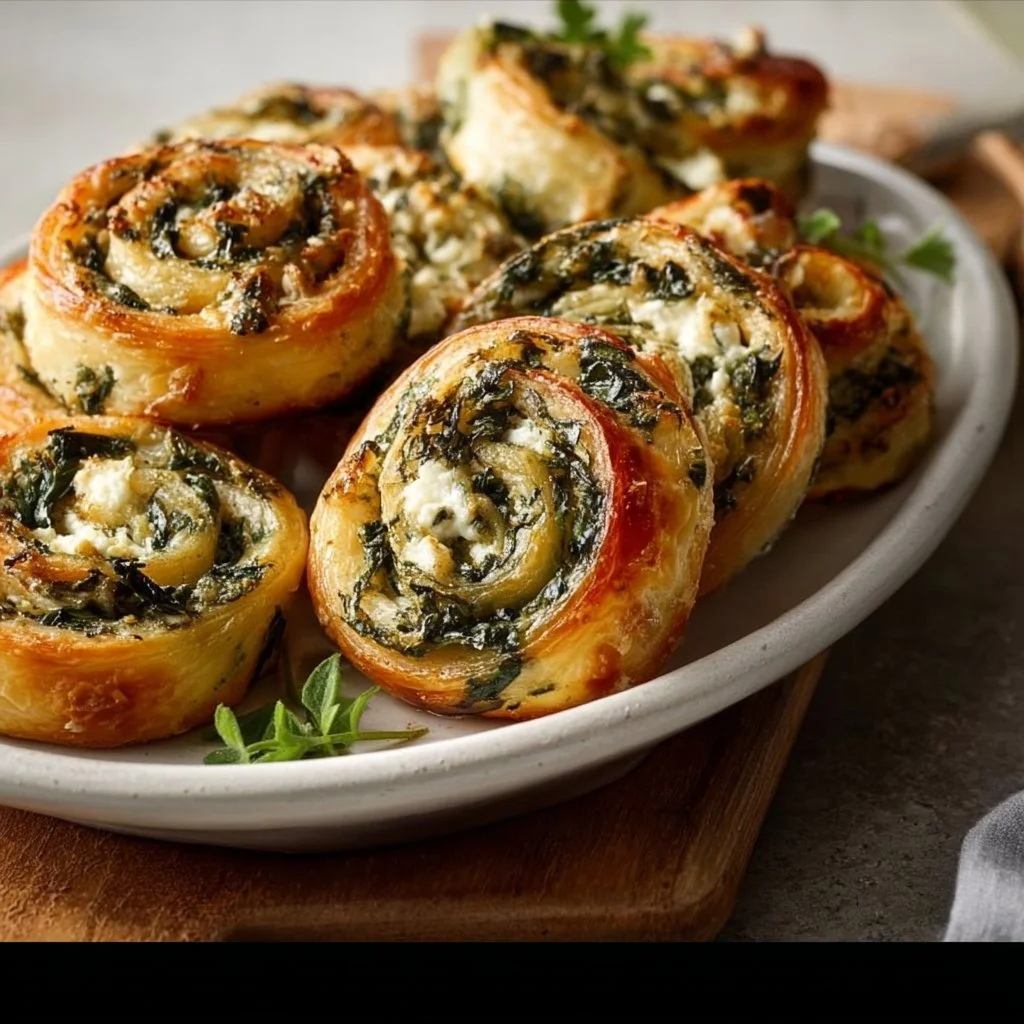 Spinach Feta Pinwheels arranged on a platter for serving