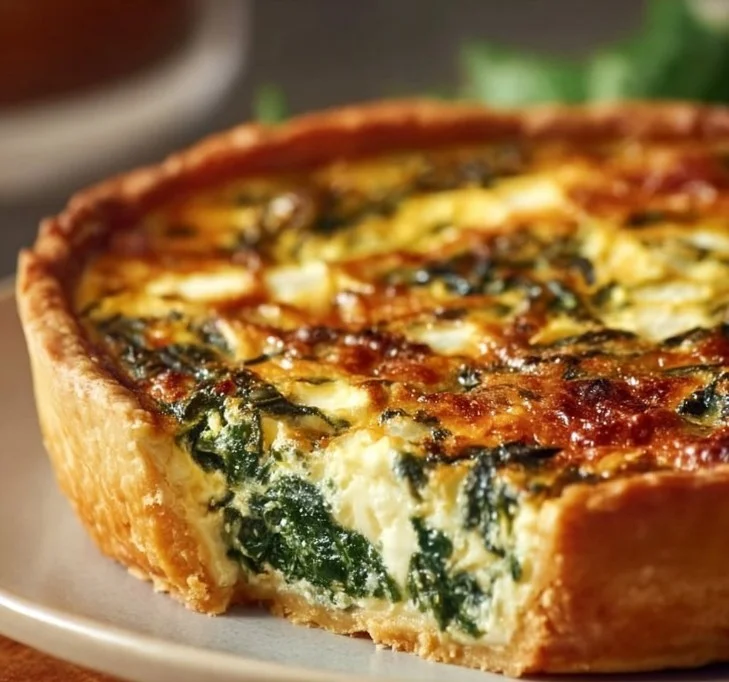 Delicious Spinach Ricotta Quiche served on a wooden table with fresh herbs