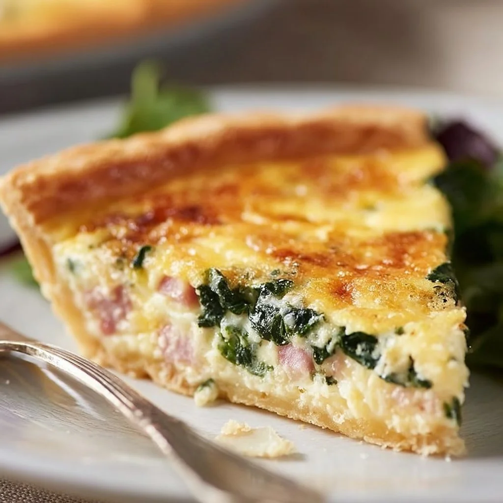 Homemade Spinach Ham Cheese Quiche served on a plate