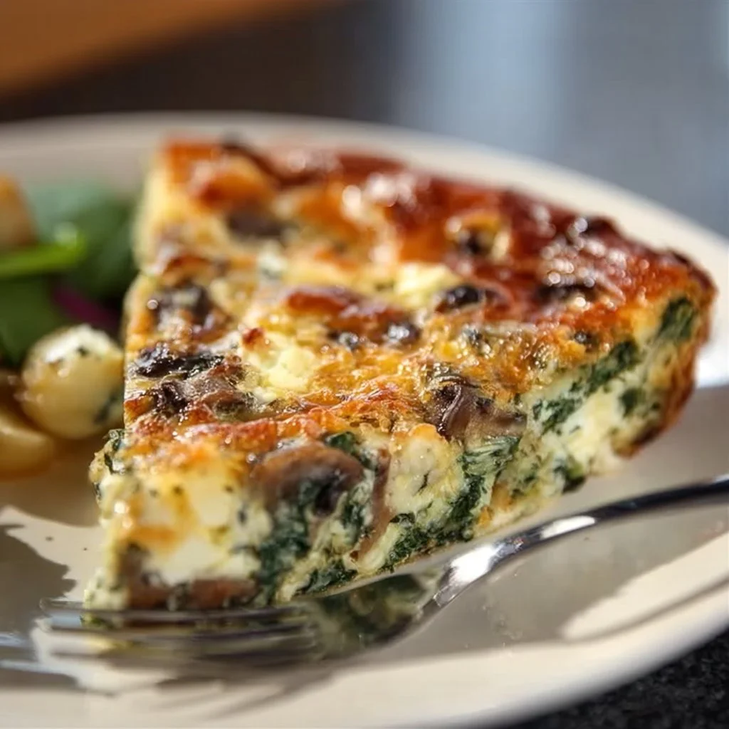 Spinach Mushroom and Feta Crustless Quiche served on a plate