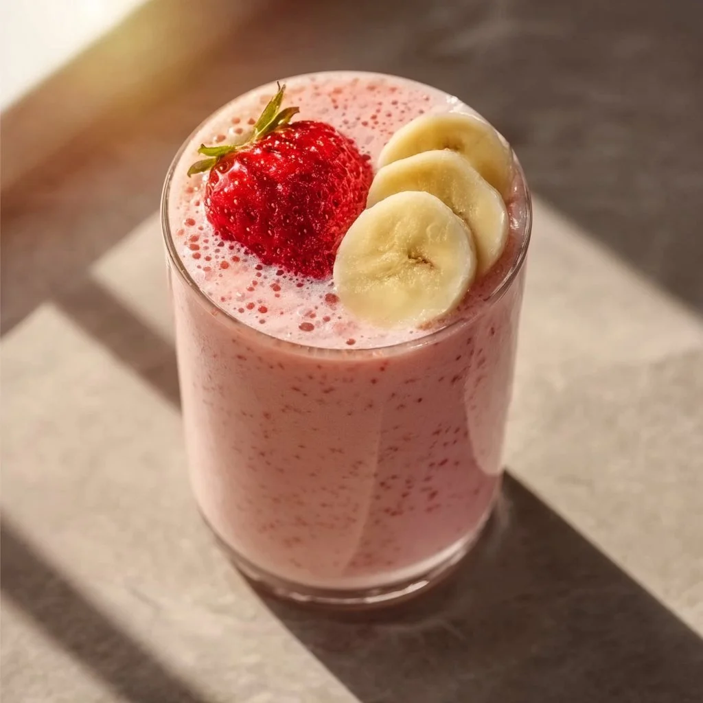 Fresh Strawberry Banana Smoothie in a tall glass with a straw.