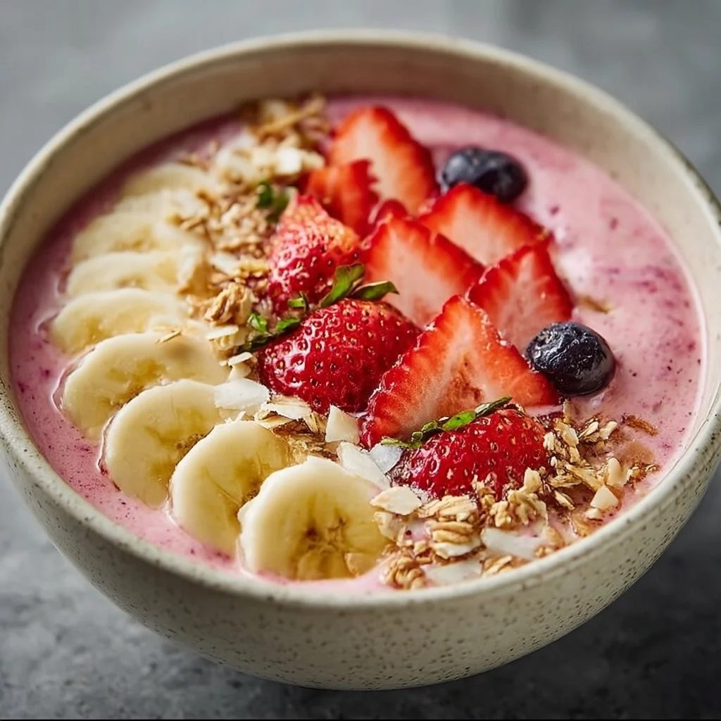 Colorful strawberry banana smoothie bowl topped with fresh fruit and granola