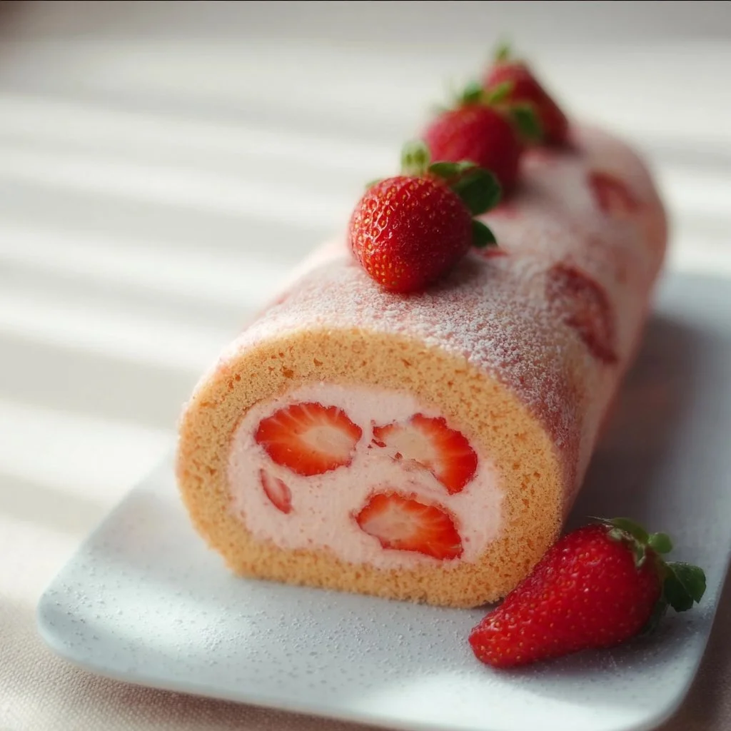 Delicious homemade Strawberry Cake Roll with fresh strawberries and whipped cream