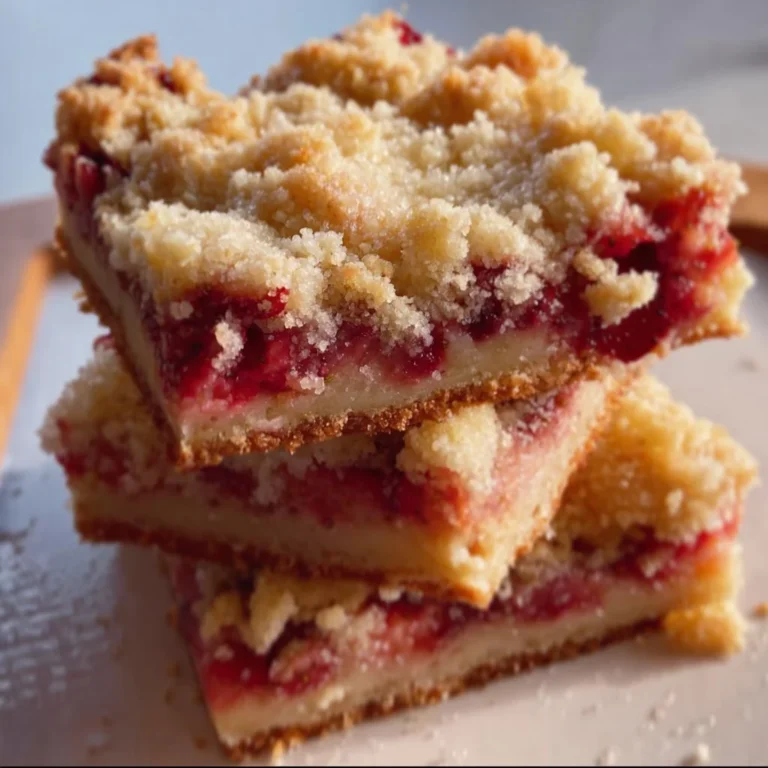 Delicious strawberry cheesecake crumb bars with a buttery crumb topping.