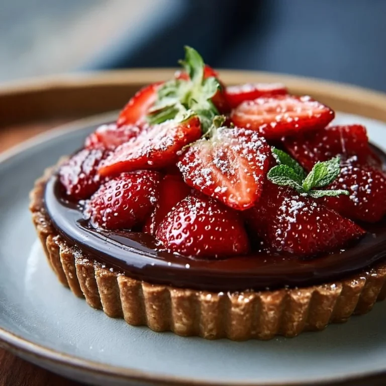 Delicious Strawberry Chocolate Tart topped with fresh strawberries and chocolate glaze