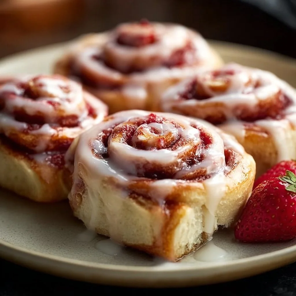 Freshly baked Strawberry Cinnamon Rolls with a sweet glaze on top.