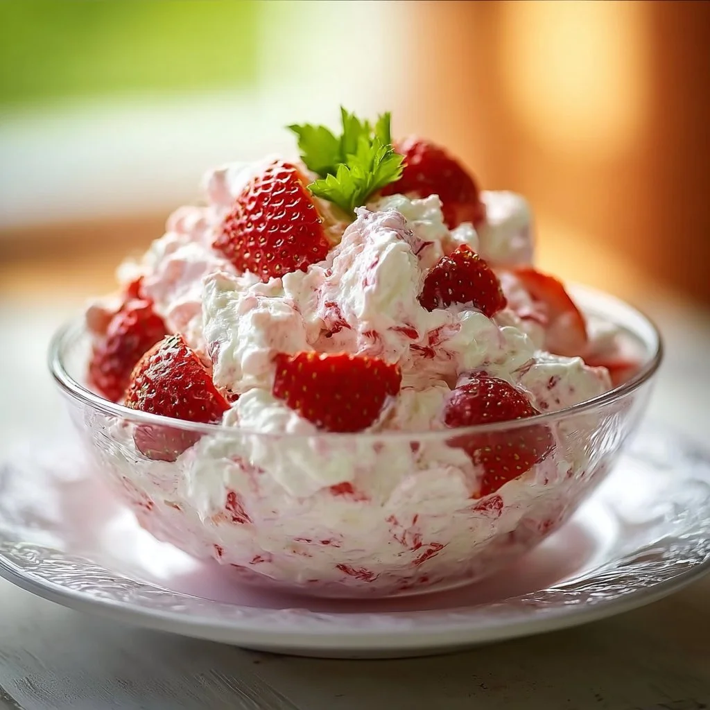 Delicious Strawberry Fluff Salad with whipped cream and fresh strawberries