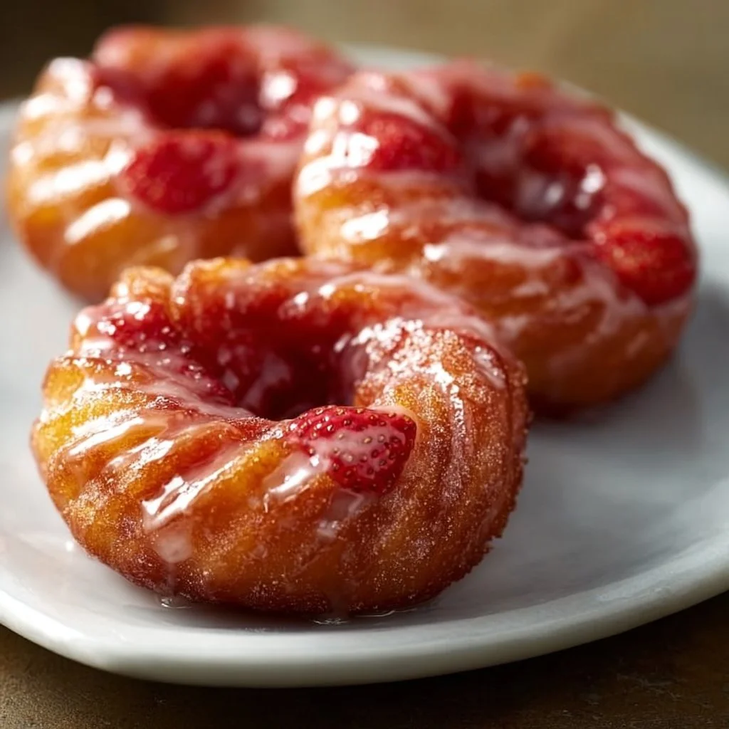 Strawberry glazed crullers topped with fresh strawberries and icing.