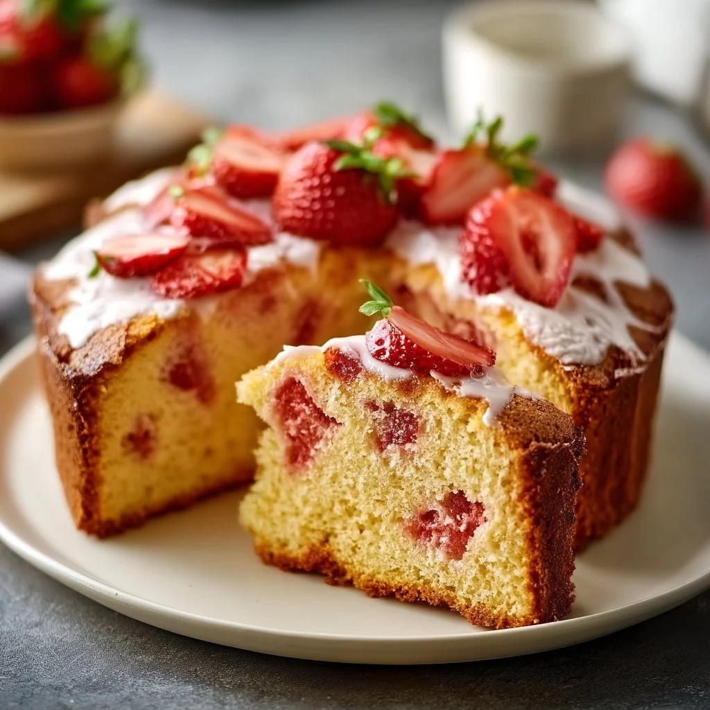 Delicious homemade strawberry pound cake topped with fresh strawberries and cream