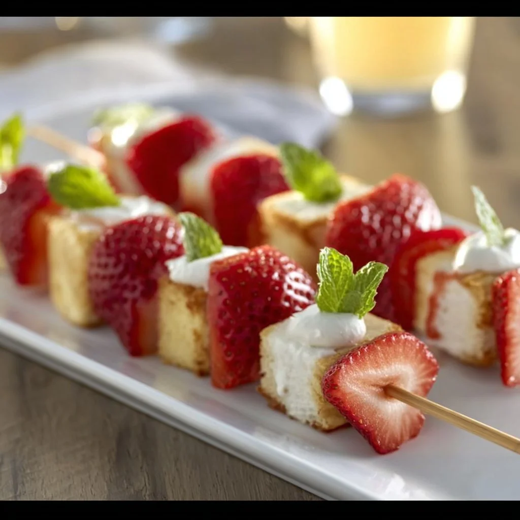 Strawberry Shortcake Kabobs with fresh strawberries and whipped cream