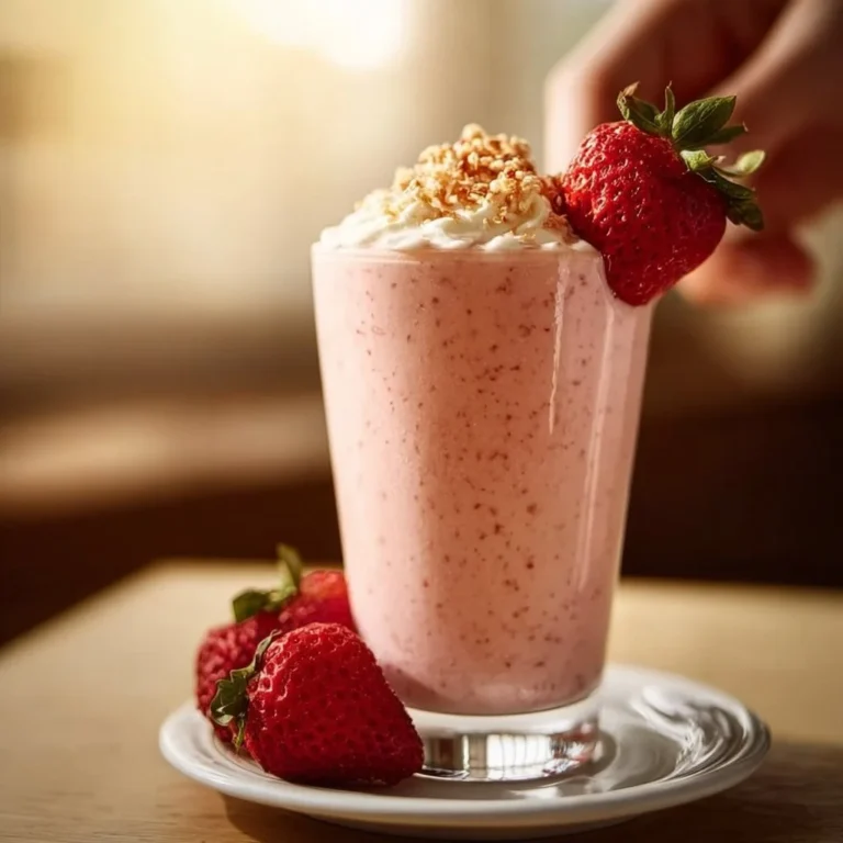 Strawberry Shortcake Protein Smoothie in a glass with strawberries and cream topping