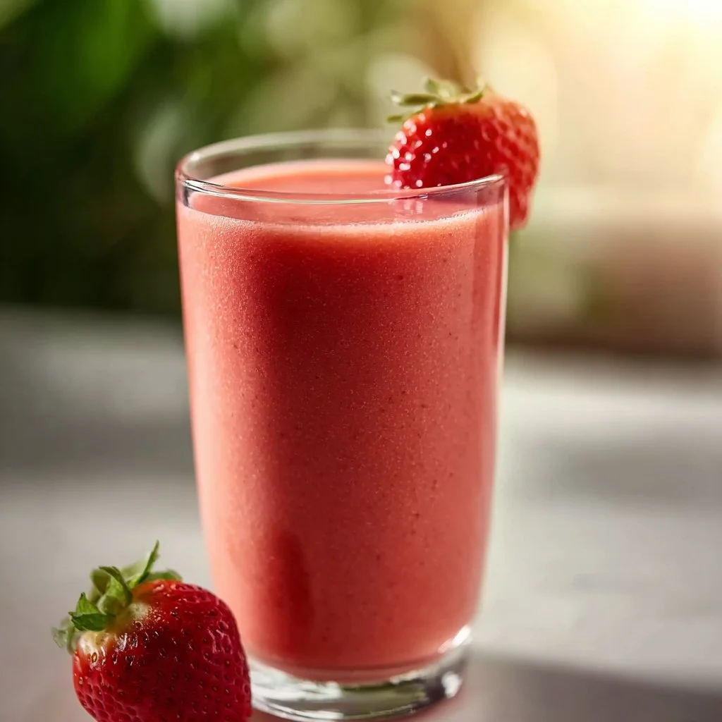 Delicious strawberry smoothie with fresh berries and yogurt in a glass