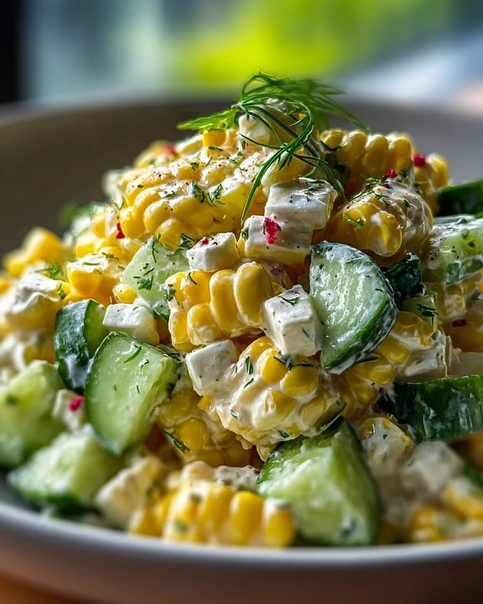 Delicious street corn creamy cucumber salad in a bowl