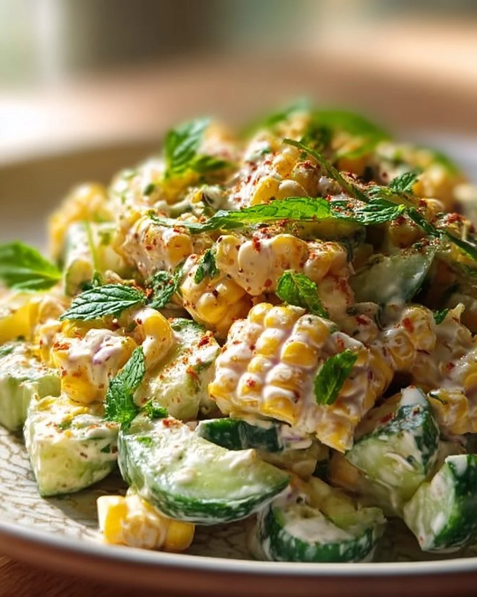 Delicious street corn creamy cucumber salad served in a bowl
