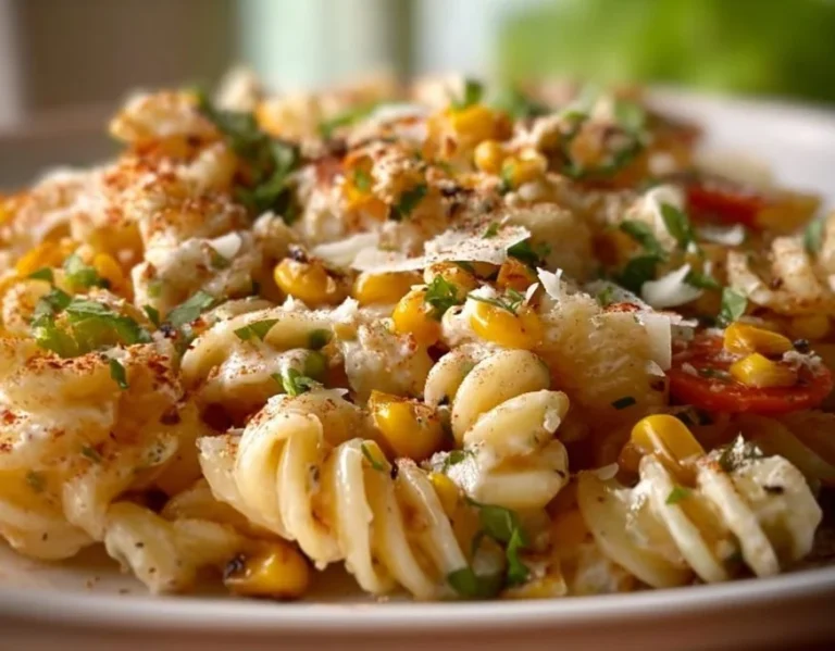 Delicious street corn pasta salad in a bowl with fresh ingredients