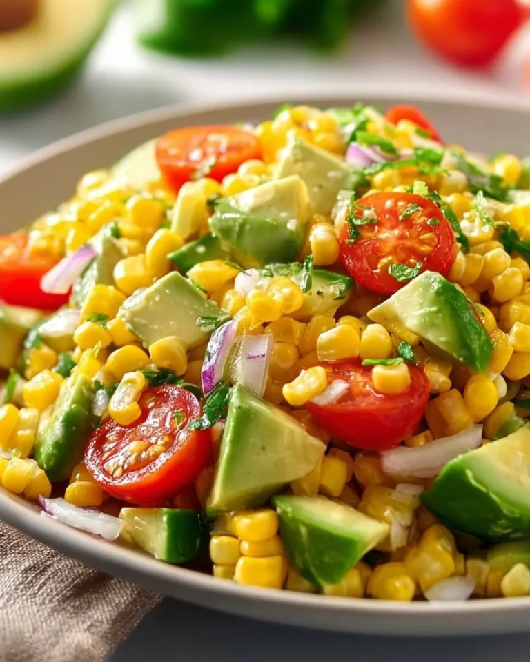 Summer corn salad with avocado served in a bowl with colorful vegetables
