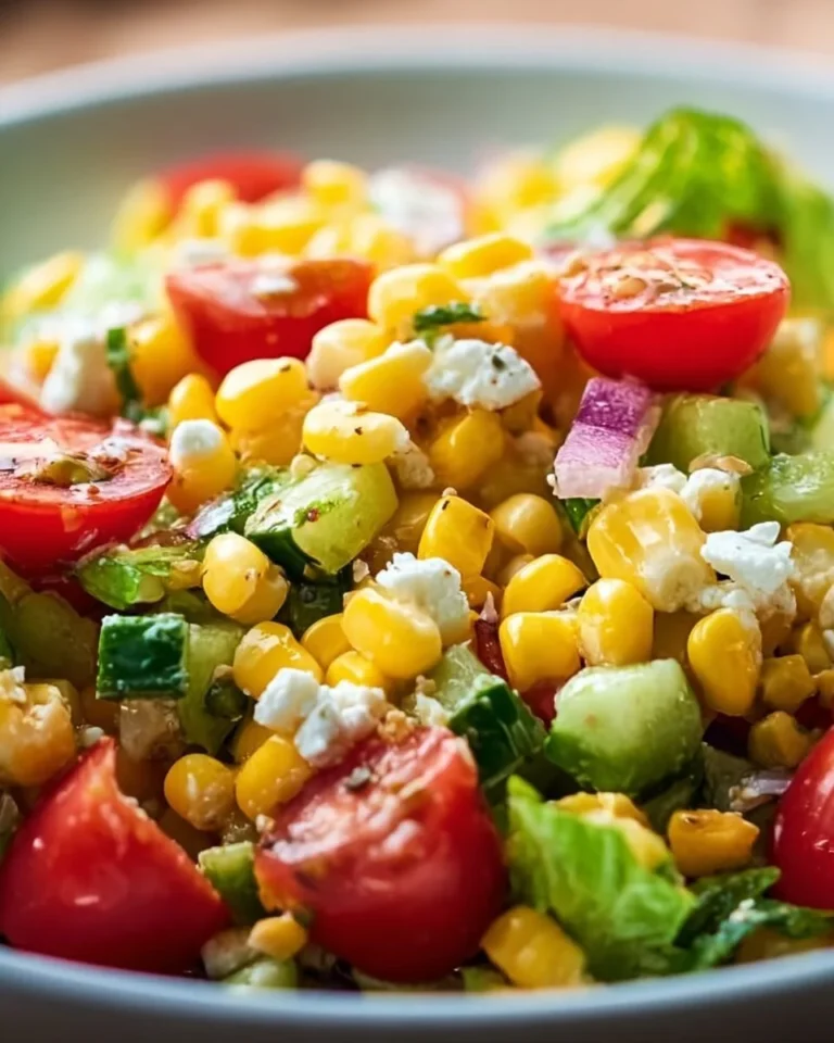 A vibrant bowl of tasty corn salad with fresh herbs and colorful vegetables.