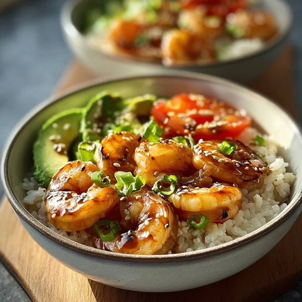 Delicious teriyaki shrimp rice bowl with colorful vegetables and sauce