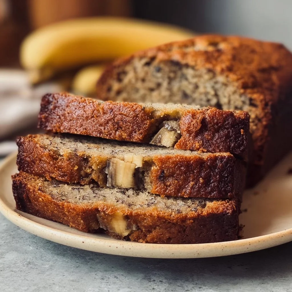 Freshly baked banana bread with a golden crust and sliced bananas on top.