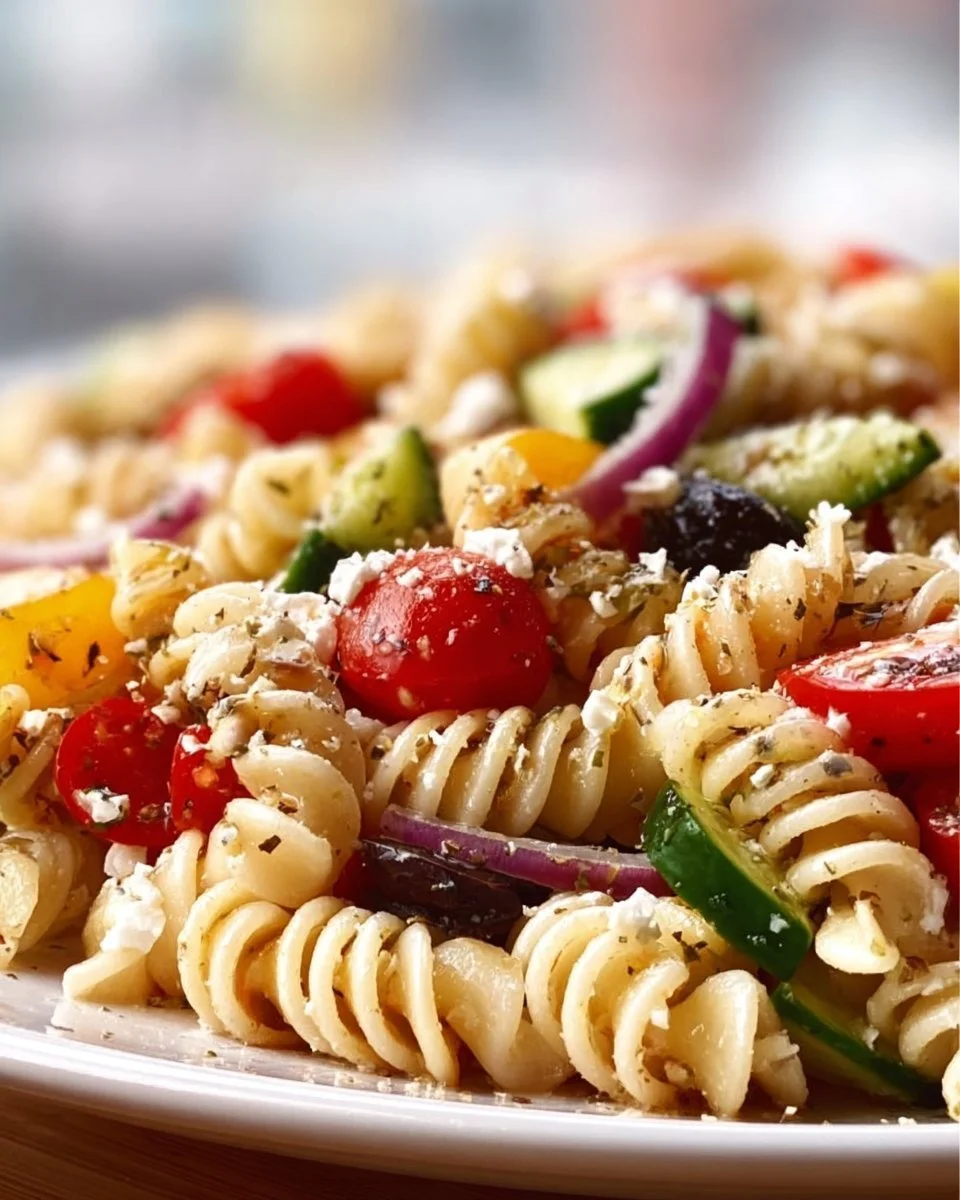 Colorful pasta salad with fresh vegetables and herbs, perfect for any occasion