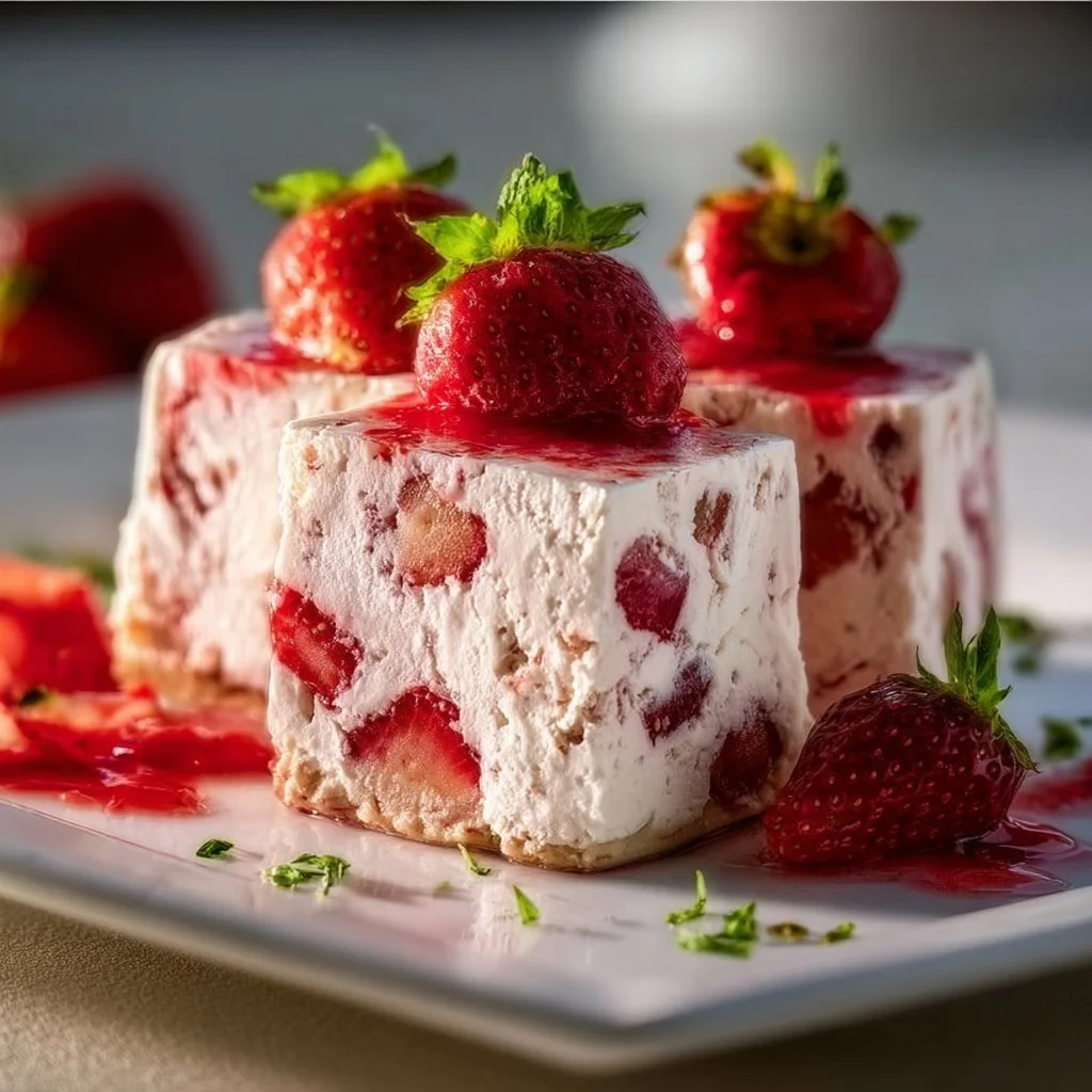 Delicious triple strawberry semifreddo dessert topped with fresh strawberries