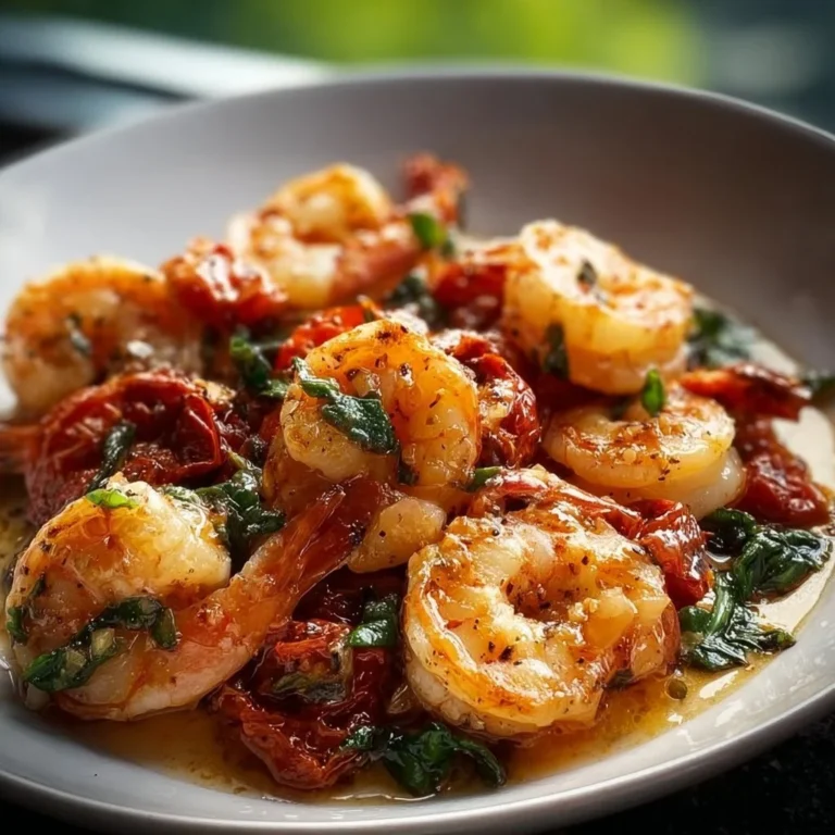 Delicious Tuscan Shrimp served with vegetables and herbs on a plate