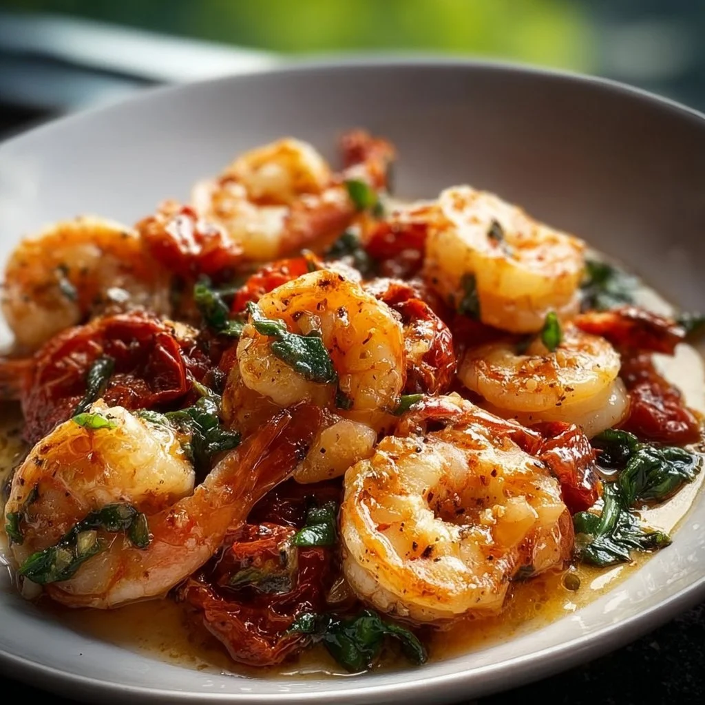 Delicious Tuscan Shrimp served with vegetables and herbs on a plate