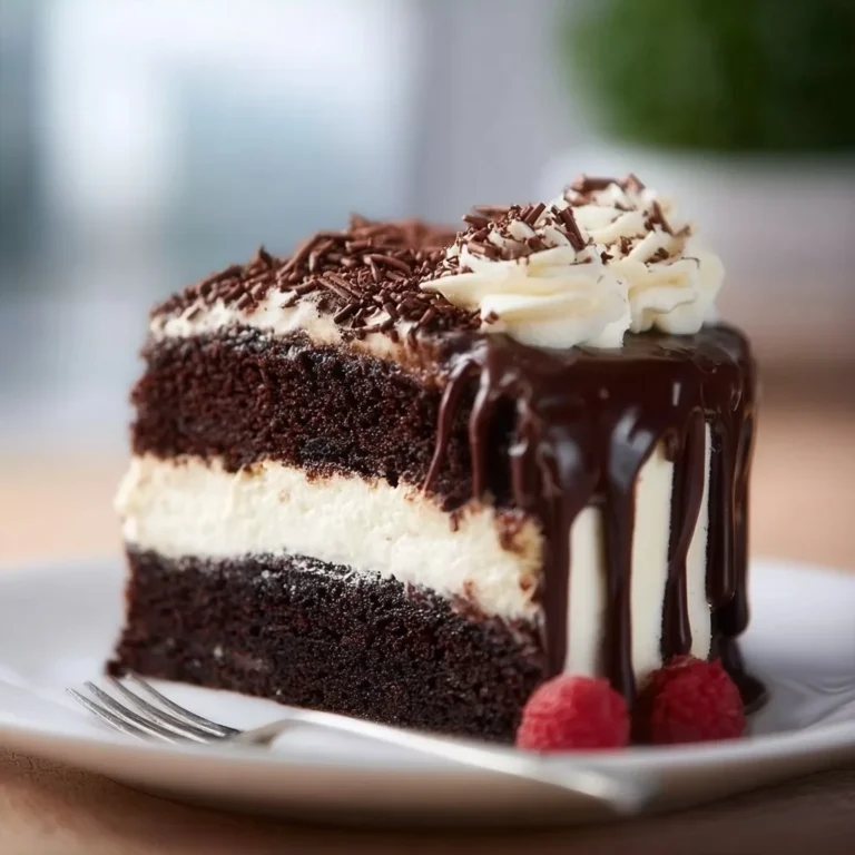 Delicious Tuxedo Cake with layers of chocolate and vanilla mousse