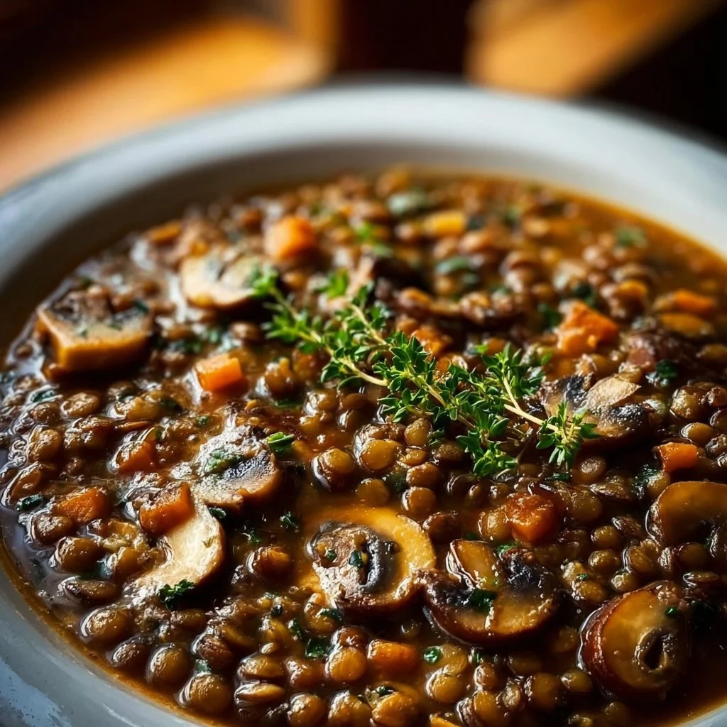 Bowl of Vegan Lentil Mushroom Stew with fresh herbs and spices
